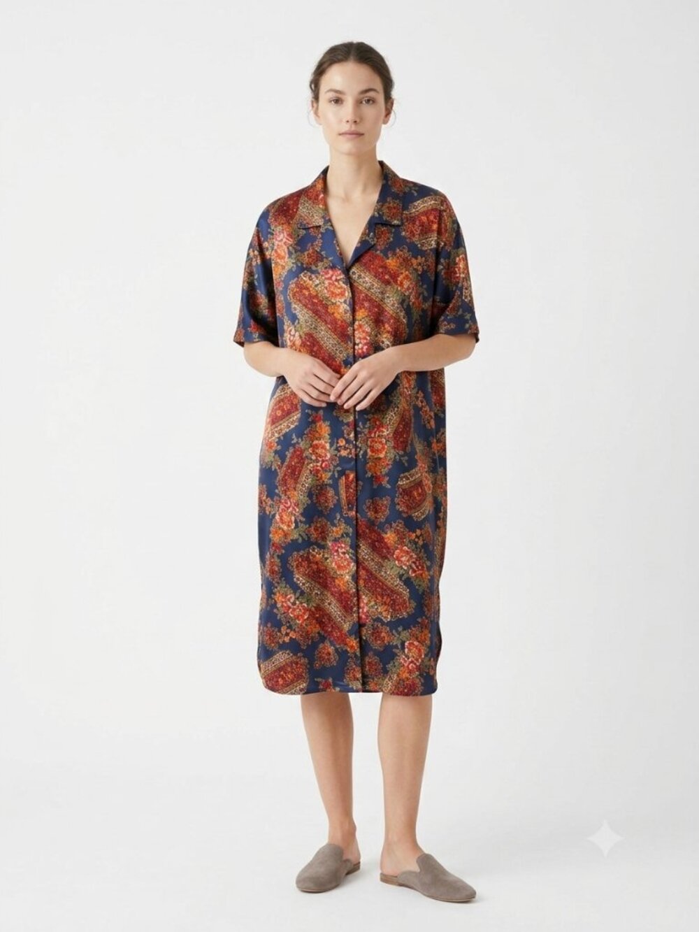 Vintage Solange Nightgown Sleep Dress Satin Button Blue Orange Floral Boho XL